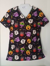 Womens Comfy Cotton Halloween Scrub Top Size XS Black Pumpkin Ghost Witch Spider - £9.55 GBP