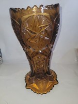 Vintage L E Smith Amber Glass Vase - Swirling Pinwheel Star Design - 9&quot; - £23.74 GBP