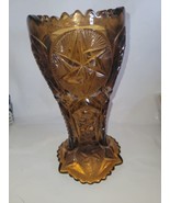 Vintage L E Smith Amber Glass Vase - Swirling Pinwheel Star Design - 9&quot; - £23.22 GBP