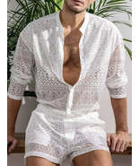 Men&#39;s Full Size Lace Button Down Top and Shorts Set Plus Size - $55.49