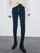 ZARA plaid skinny pants S ring pull zip 90s grunge 80s punk tartan peg legging - £15.84 GBP