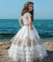 Flower Girl Dress White Fluffy Layered Tulle Champagne Lace Applique Wedding Flo - £91.62 GBP - £102.59 GBP