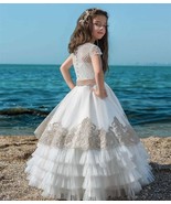 Flower Girl Dress White Fluffy Layered Tulle Champagne Lace Applique Wed... - £91.53 GBP+