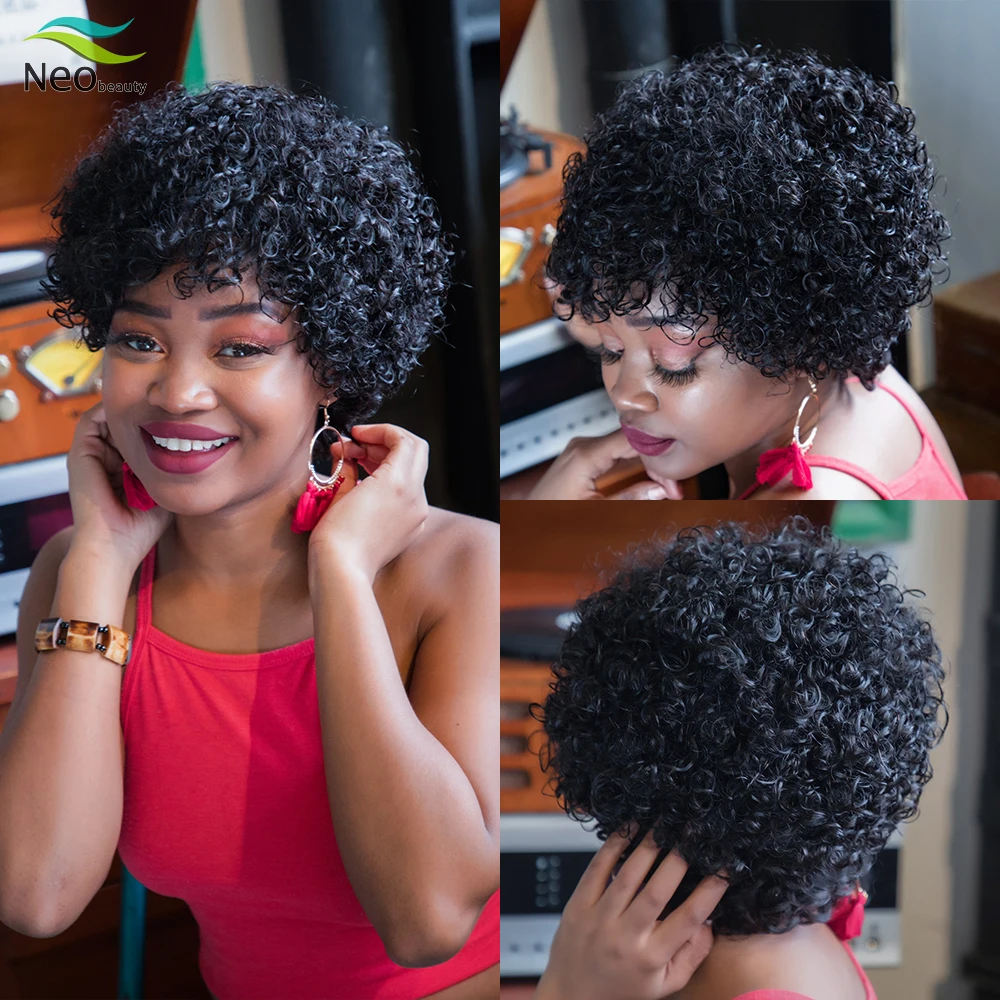 Pixie Cut Jerry Curly Short Afro Human Hair Wig Curly Natural Hair Human Ha - £33.31 GBP+