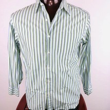 J Crew Mens M 15 15.5 Blue Green Striped Button Front Shirt Long Sleeves - $17.09
