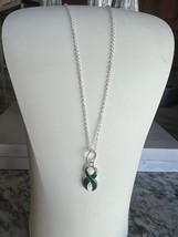Green Ribbon Charm Necklace Silver 18&quot; leukemia, kidney cancer, mental awareness - £3.84 GBP+