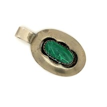 Vintage Sterling Silver Native American Shadow Box Malachite Stone Oval Pendant - £35.61 GBP