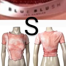 Pink Mesh &amp; Red Stich Design Lettuce Trim Tie Dye Crop Top Blouse~Size S - £17.01 GBP