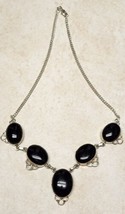 Silver Necklace With Black Cabochon Not Marked, Hand Made 19&quot; - £14.89 GBP