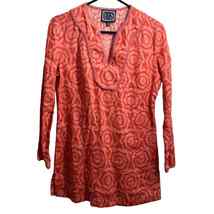 Sail To Sable Tunic Women S Coral Geometric V Neck Long Sleeve 100% Line... - $25.09
