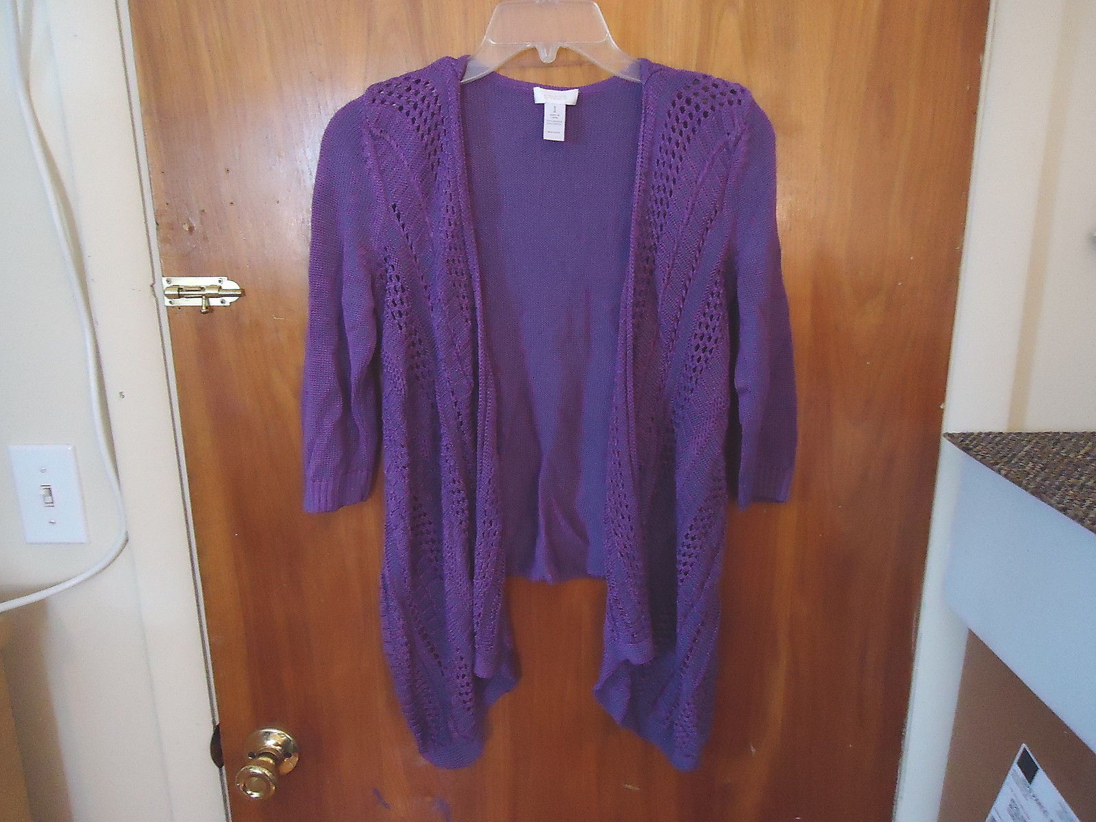 Womens Chicos Size 1 Purple Low Back Crocheted Type Of Open Sweater Top " BEAUTI - $16.45
