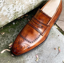 New Handmade Men Brogue Brown Leather Moccasin Shoes - £127.49 GBP