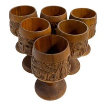 Vintage MCM TIKI Aloha Carved Wood Goblets Lot Of 6 Barware Wooden Wine ... - $93.49