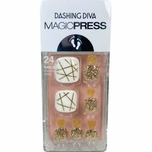 NEW Dashing Diva Magic Press On Pedicure Gel White Gold Glitter Toe Nails - £11.72 GBP