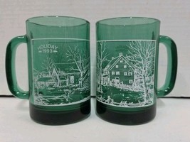 Currier And Ives Green Glass Snowy Holiday Barn Scene Mug Set Of 2 4.5&quot; ... - $12.00