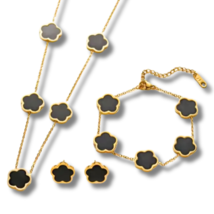 3pc StainlessSteel Five Leaf Clover Flower Necklace Set Tarnish Free Gold Plated - £15.57 GBP