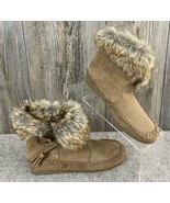 Madden Girl Moccasin Booties Boots Girls 5 Beige Faux Suede Flats Furry ... - £18.68 GBP