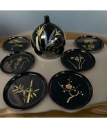 MCM Lacquered Black Coaster Set Floral Bamboo Decor Vintage Coaster Coll... - $42.75 CAD