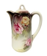 RS PRUSSIA Pink &amp; Yellow Roses Porcelain Chocolate Pot - £70.26 GBP