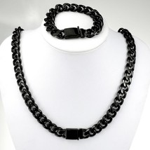 Wholesale Drop Shipping Black Gold Tone Stainless Steel Miami Curb Chain Set Bra - £84.80 GBP