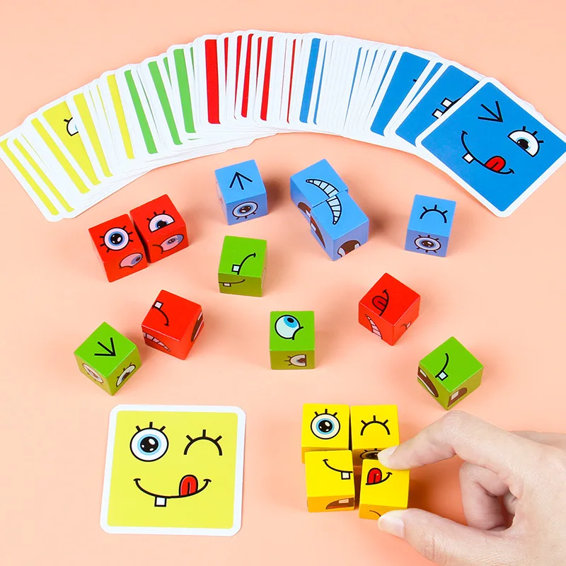 Kids Montessori Toys DIY Face Emoticon Change Cube Wooden Blocks with 64 pcs - £10.00 GBP