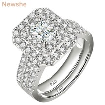 2 Pieces 925 Sterling Silver Engagement Wedding Rings Set for Women Double Halo  - £58.36 GBP