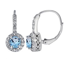 14K White Gold Plated 1.3ct Round Cut Simulated Blue Topaz Leverback Earrings - £34.10 GBP