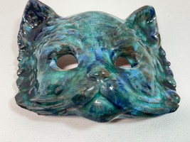 Hand Painted &amp; Glazed Clay Art Cat Mask Wall Hanging Marked Belgium Blues/Greens - £31.77 GBP