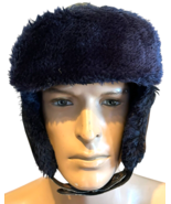 VTG YR men&#39;s SI duck trapper hat black leather dark blue fur metal snaps... - $36.79