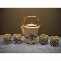 PIER ONE China Teapot SET OF 4 CUPS Japan Wood HANDLE Blue FLORAL Design - $22.00