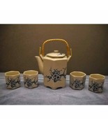 PIER ONE China Teapot SET OF 4 CUPS Japan Wood HANDLE Blue FLORAL Design - £17.26 GBP
