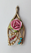 Vintage CORO  Wishbone Pin Broach Rose w/Multi Colored Rhinestones Signe... - $16.79