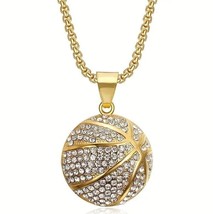 Iced CZ 14k Gold Plated Bling Basketball Drip Pendant + 24&quot; Chain Necklace - £10.35 GBP