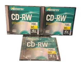 Lot of 3 Memorex CD-RW Rewritable 700MB 80 Minutes W/slim Jewel Cases 4x... - £7.78 GBP
