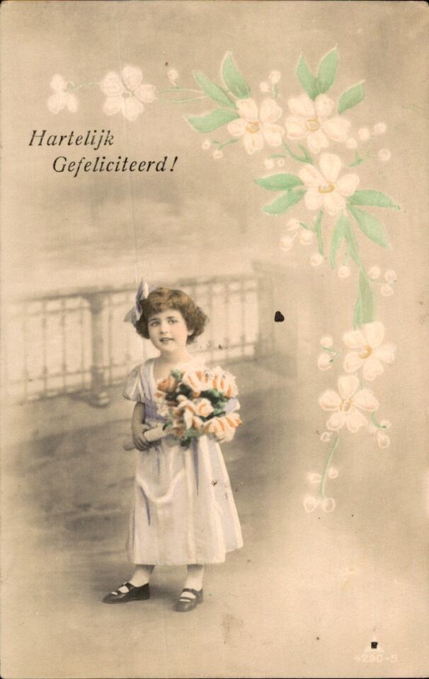 Vintage, Girl and Flowers, Art Deco Tinted postcard, circa 1910, vintage - $4.95