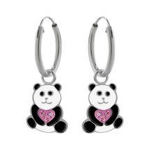 Panda 925 Silver Hoop Earrings Jeweled with Light Rose Crystal - $16.82