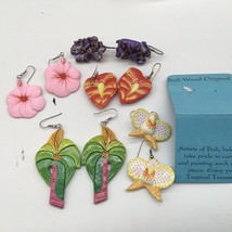 Hand painted Wood Earrings From Bali Floral Tropical Lot Of 5 Beach - £11.18 GBP