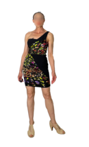 One Shoulder Abstract Rainbow Black Mini Dress Ruched Grecian Mini Dress... - $214.14