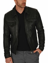 Men&#39;s Genuine Lambskin Leather Jacket Black Slim fit Biker Motorcycle ja... - $64.34