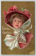 Pretty Victorian Woman Pink Hat Dress Birthday Greetings Postcard T28 - £7.79 GBP