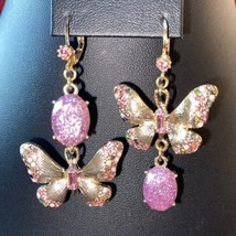 Betsey Johnson CZ &amp; Butterfly Double Mismatch Drop Earrings Pink CZ - £14.93 GBP