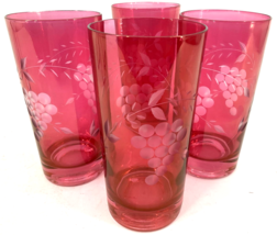 Vintage Highball Glasses Etched Grape &amp; Leaf Red Flash Glass MCM Cocktai... - £31.57 GBP