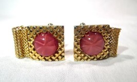 Vintage Pink Stone Gold Tone Mesh Cufflinks K836 - $48.51