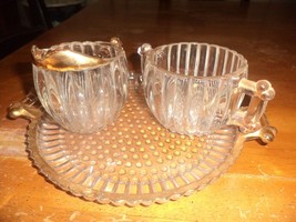 Vtg Jeanette Glass National Pattern Sugar Creamer With Serving Tray Gold Gilding - £20.08 GBP