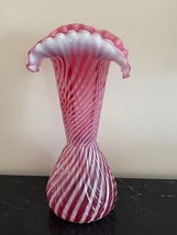 Fenton Vintage Cranberry Opalescent Glass Spiral Swirl 11 3/4&quot; Tall Flut... - £788.75 GBP
