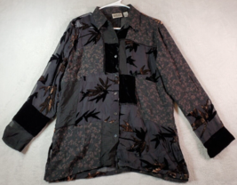 Chico&#39;s Blouse Top Women Size 1 Black Floral Sheer Silk Slit Collar Button Front - £13.83 GBP