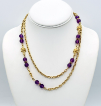 Vintage Gold Tone Purple Beaded AVON Textured Chain Necklace - £12.45 GBP