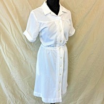 Vintage Nurse Uniform Dress size L Seersucker Texture Belted White Swan DS3 - £43.28 GBP