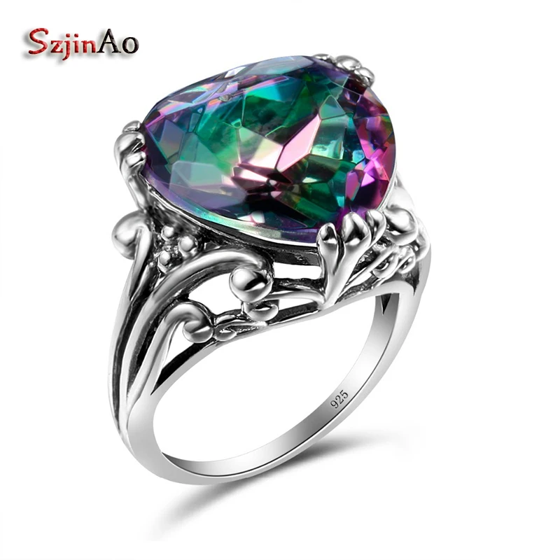 Big Heart Of Love Ring AAAAA Mystic Rainbow Topaz sterling-silver-jewelry Vintag - £40.53 GBP