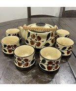 Japanese Style Teapot Bamboo Handle 6 Sake Cup Set Floral brown Stoneware - $49.49